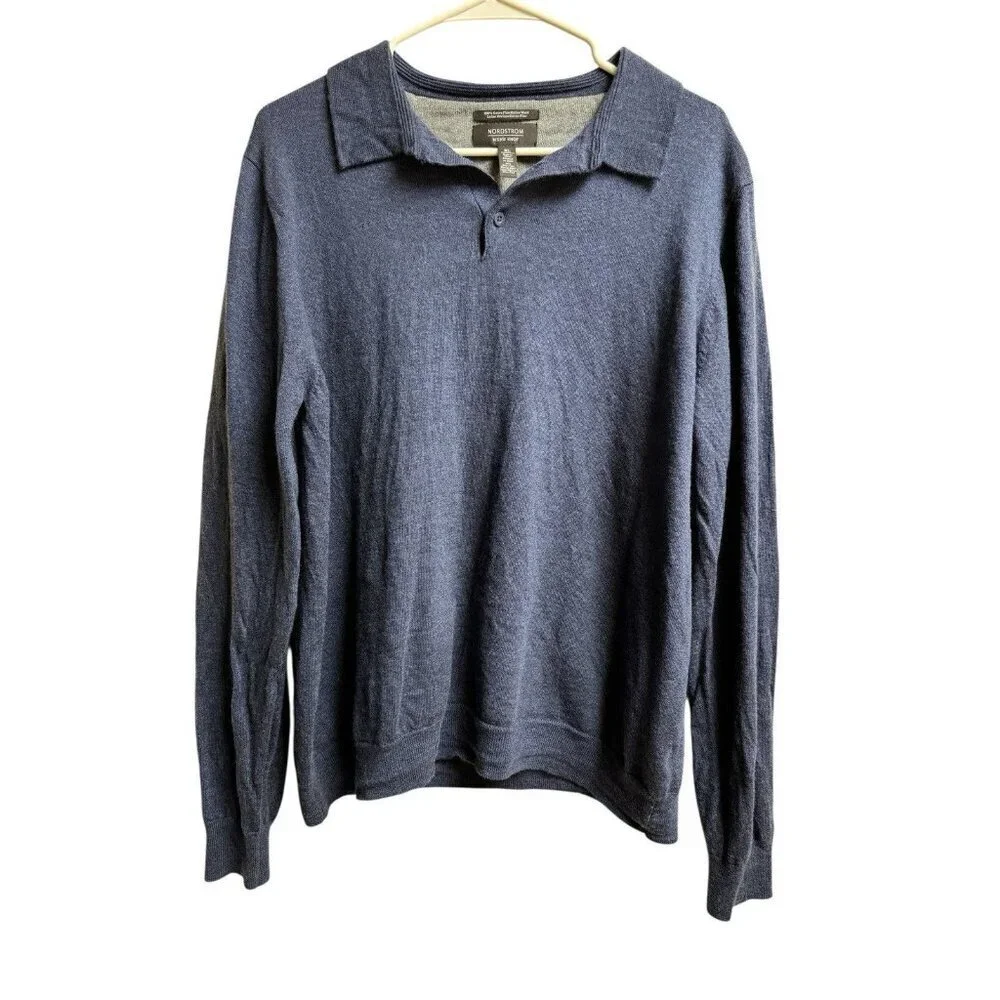 Nordstrom Mens Merino Wool Knit Polo Sweater Blue Gray XL Lightweight